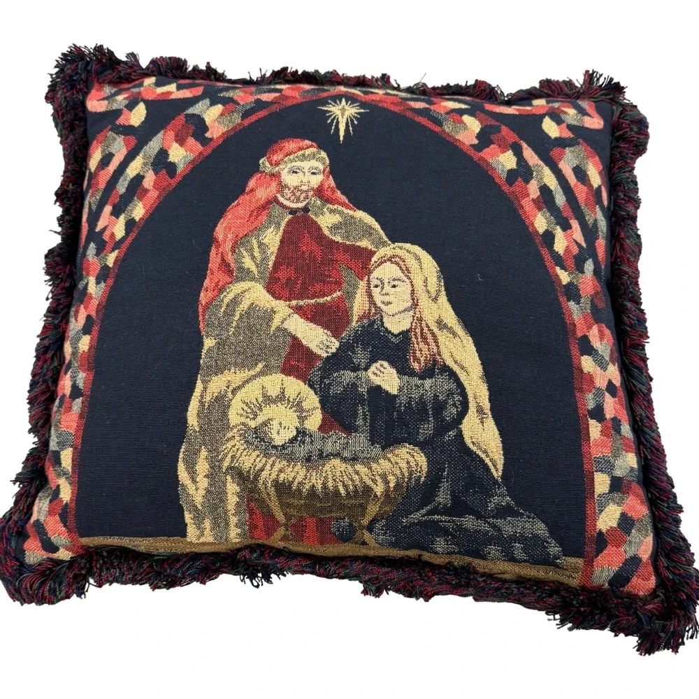 Vintage Christmas Nativity Tapestry Throw Pillow Fringe Trim Moiré Back 16x15